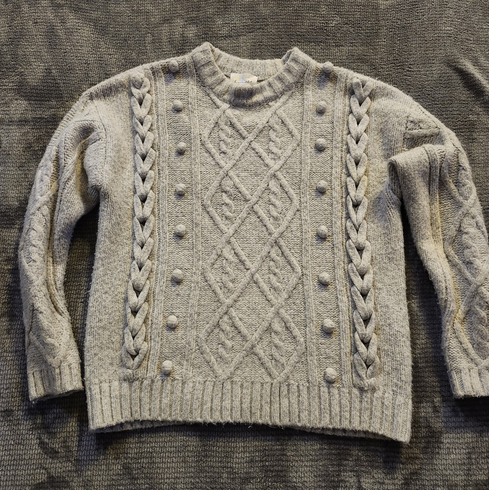 Line Dot Mila Cable Knit Pom Pom Sweater Jumper Wool Blend Grey